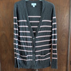 LOFT Dark Gray and Pink Striped Cardigan